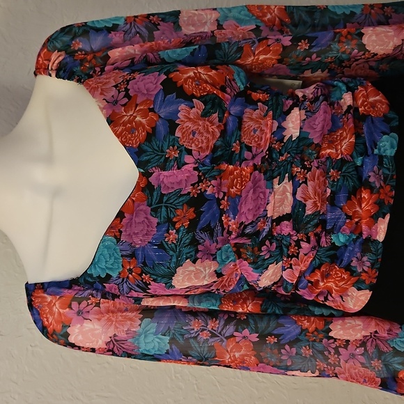 Vtg SO Purple Floral Corset Style Long Sleeve Chiffon Peasant Off Shoulder Top - Picture 4 of 11